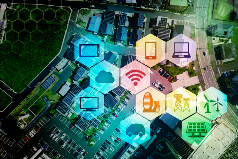 aerial view of city with overlaid icons suggesting some possible use cases for private 5G networks