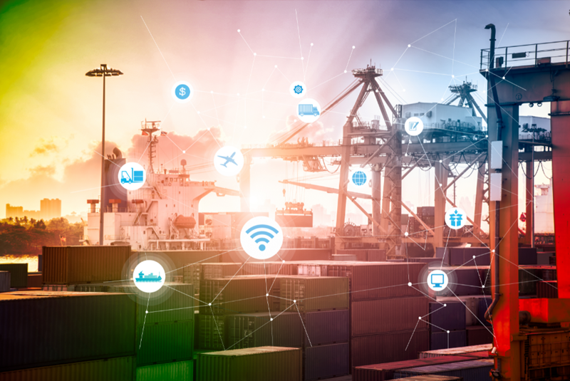 shipping yard with overlaid icons representing various uses of network in logistics