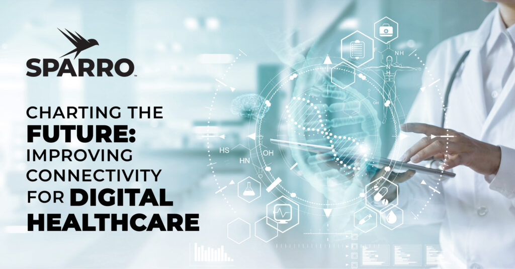Sparro logo and words "Charting the Future: Improving Connectivity for Digital Healthcare" next to graphic showing doctor using tablet overlaid with healthcare and networking icons