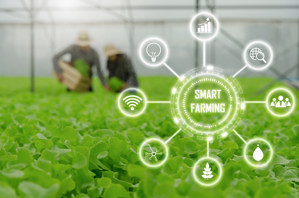 blurred background of a farming couple in a hydroponic greenhouse, overlaid with a hub-and-spoke design with the words "smart farming" in the center and icons representing smart farming aspects in the outer circles