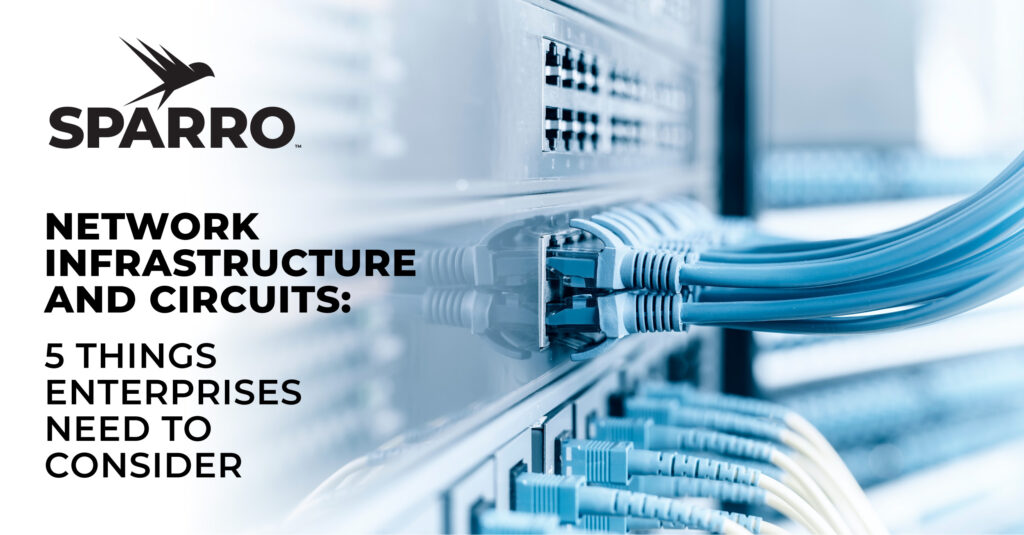 image of network equipment in background with text "Network Infrastructure and Circuits: 5 Things Enterprises Need to Consider" and Sparro logo