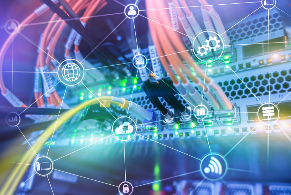 network equipment and cables in background, overlaid with a web of encircled icons representing network functions