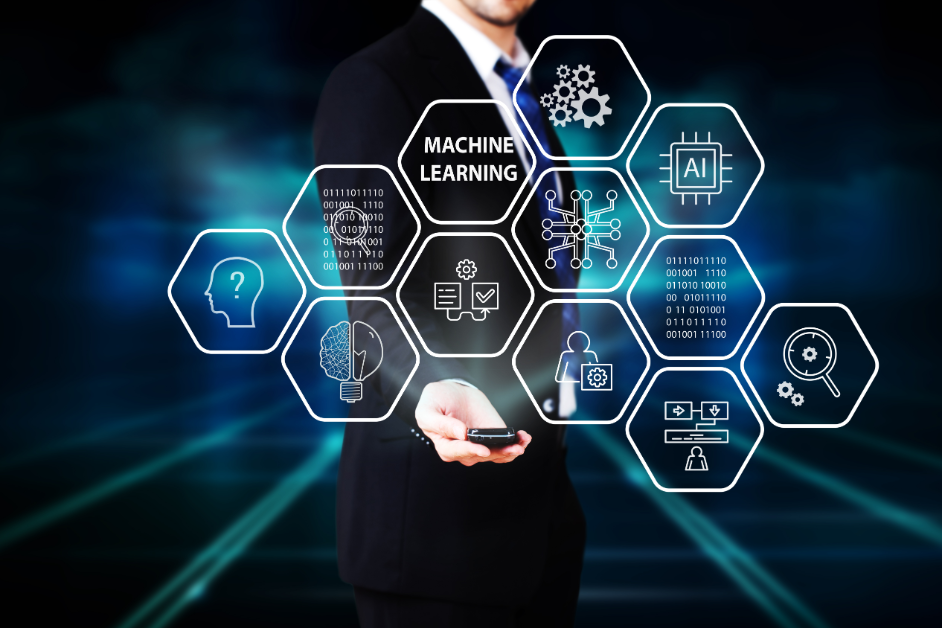 image of businessperson in the background, with icons and words in the foreground suggesting AI and machine learning