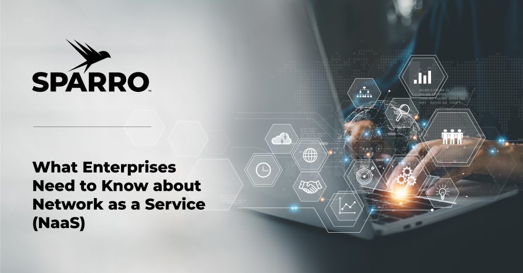 Sparro logo with text saying "What Enterprises Need to Know About Network as a Service (NaaS)" over a decorative image with icons suggesting network functions