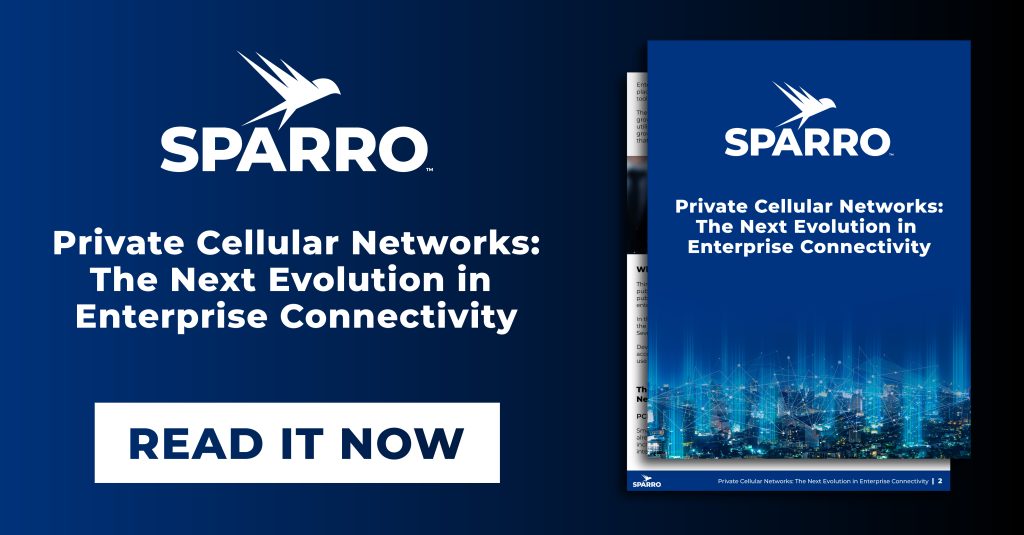 Sparro logo and image of a white paper "Private Cellular Networks: The Next Evolution in Enterprise Connectivity" with an invitation to download it