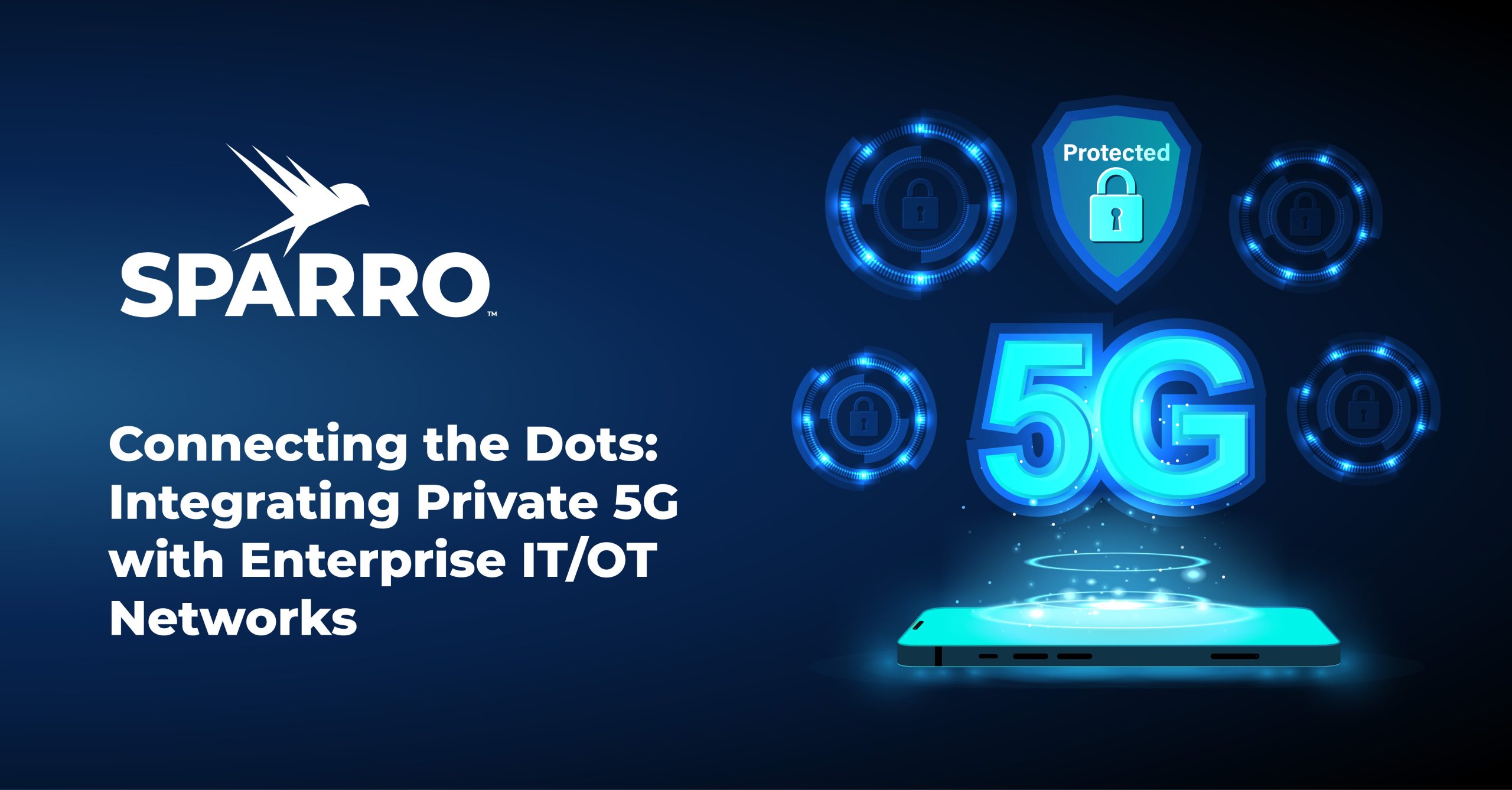 Sparro logo and 5G graphic, with text saying "Connecting the Dots: Integrating Private 5G with Enterprise IT/OT Networks"