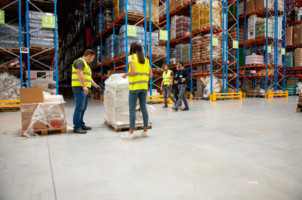 workers in a warehouse using handheld devices for distributed work