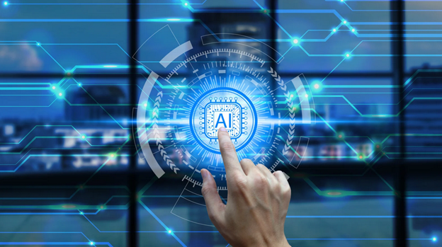 graphic suggesting humans using AI in network operations- a finger is pressing an AI button with network lines around it