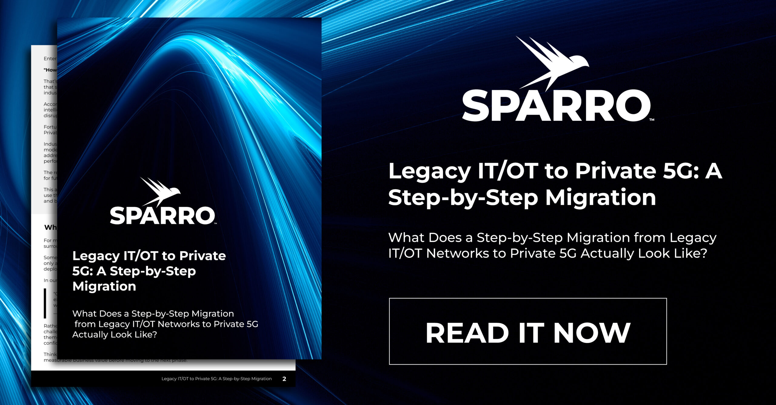promo graphic for the Sparro white paper titled "Legacy IT/OT to Private 5G: A Step-by-Step Migration"