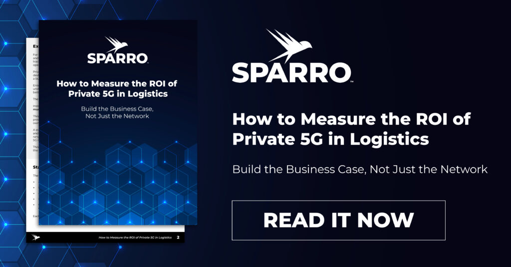 promo graphic for the Sparro white paper titled "How to Measure the ROI of Private 5G in Logistics"
